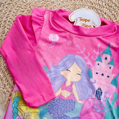 Linha Praia - Blusa com Proteção UV50+ Sereia e Calcinha - Rosa Chiclete